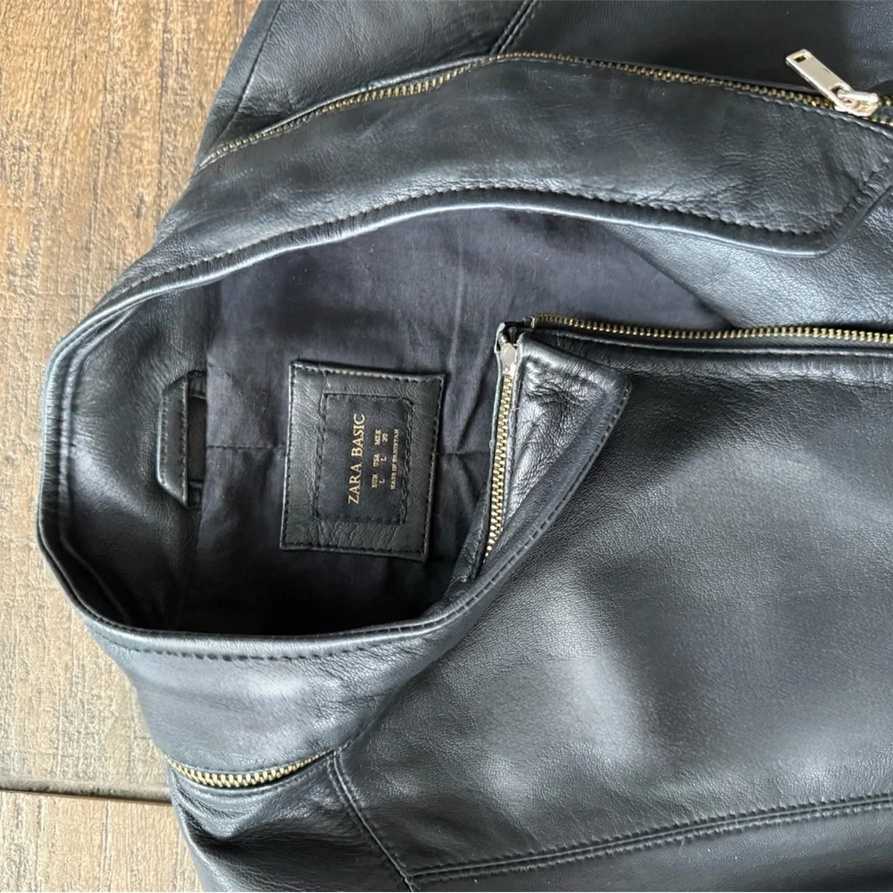 Zara Black Leather Women’s Zippered Moto Jacket, fitted, casual, stand collar, L - Picture 8 of 12